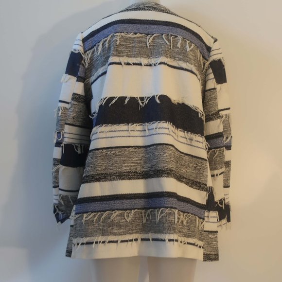 Womens Zara Basic Rustic Blue White Fringe Open Mid-Length Jacket L * - Picture 8 of 13